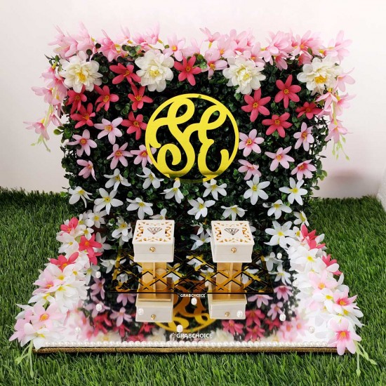 Personalized Engagement Ring Platter with Bride And Groom Name Initials with Floral Backdrop
