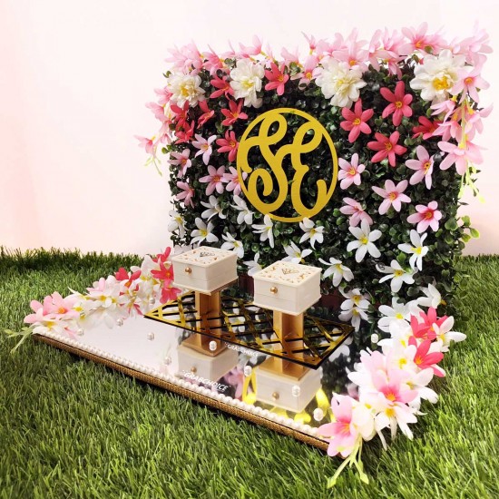Personalized Engagement Ring Platter with Bride And Groom Name Initials with Floral Backdrop