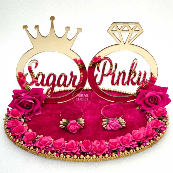 Personalized Engagement Ring Platter with Bride And Groom Names (Rani Pink)